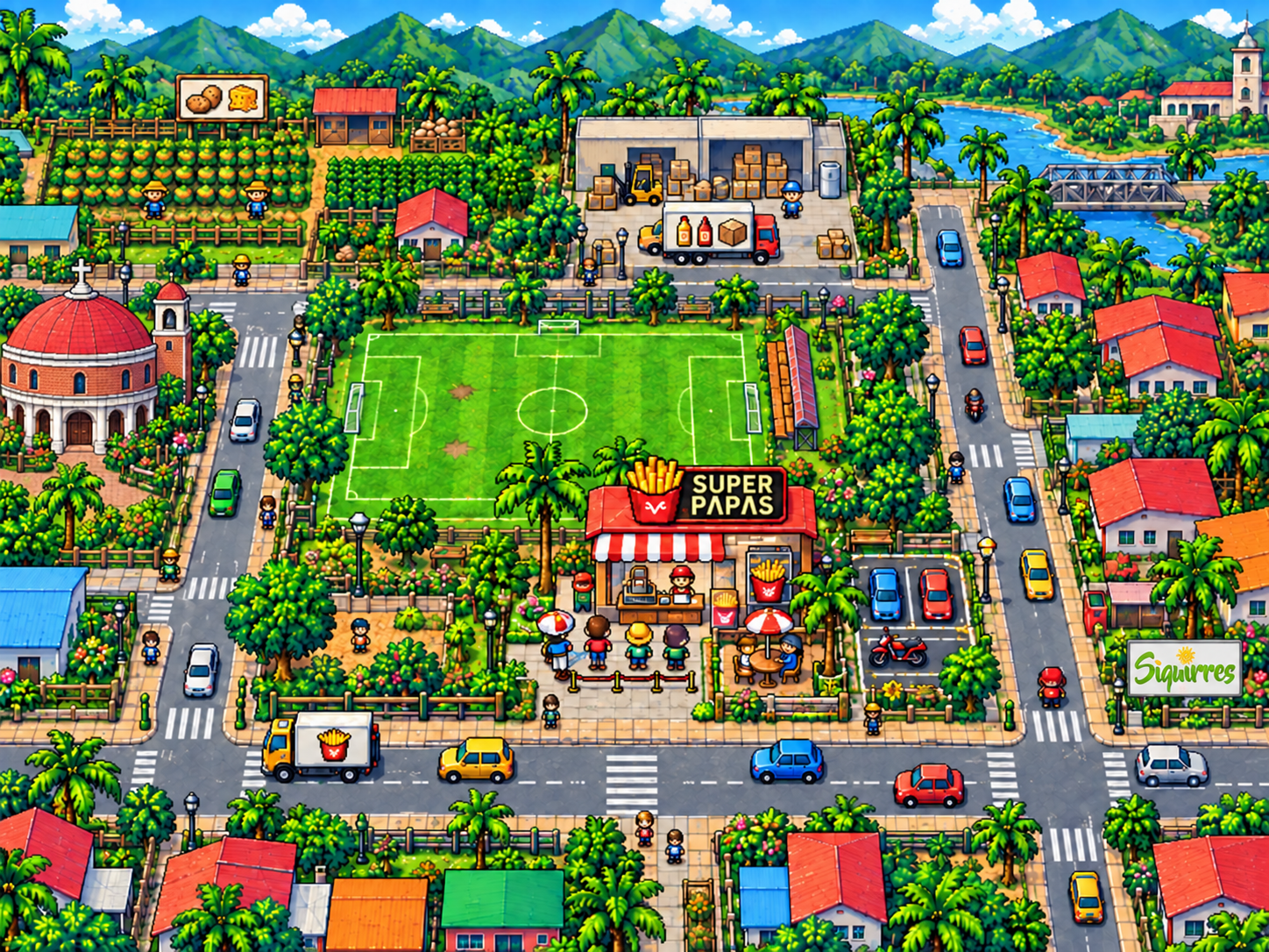 Mapa pixel art de Siquirres con el local de Super Papas, la cancha y su iglesia circular